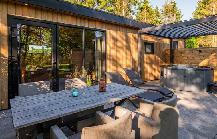 Outdoor area of cottage in Dalerveen, Southeast Drenthe with dining table and chairs for cozy meals.