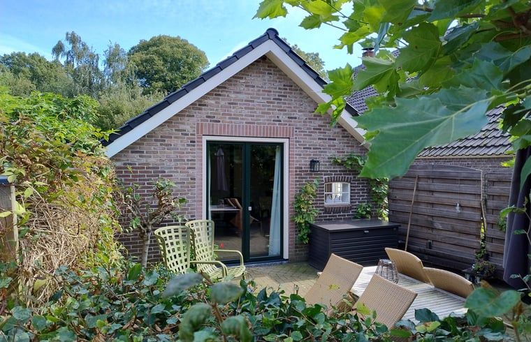 Geniet van het zonnige terras bij Vakantiehuisje in Dalerveen, Zuidoost Drenthe, omgeven door groene natuur en rust.