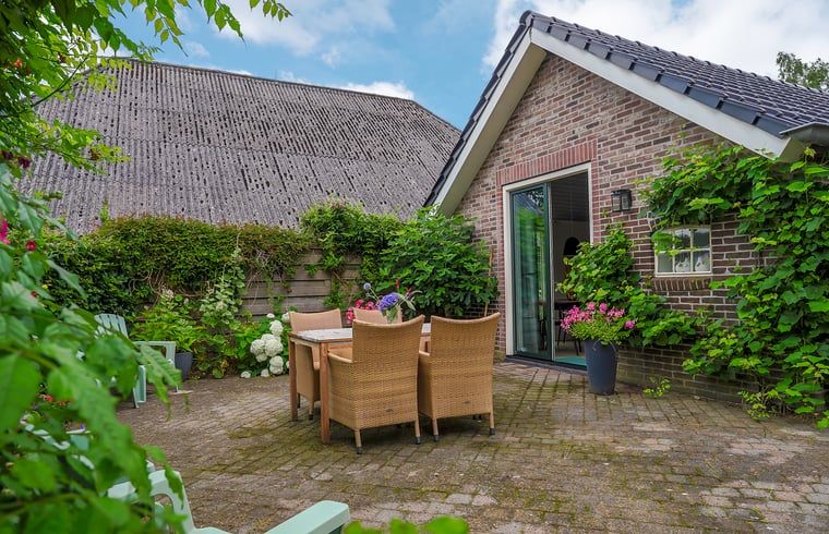 Gezellig terras bij Vakantiehuisje in Dalerveen, Zuidoost Drenthe, perfect voor ontspannen buiten dineren.
