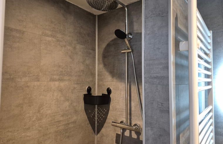 Modernes Badezimmer in Cottage in Dalerveen, Ferienhaus in Suedost-Drenthe, mit stilvoller Dusche und luxurioesem Ambiente.