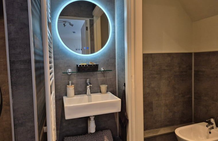 Modernes Badezimmer in Cottage in Dalerveen, Ferienhaus in Sued-Ost-Drenthe mit stilvollem Waschbecken und beleuchtetem Spiegel.