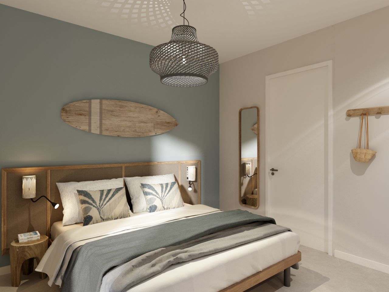 Sfeervolle slaapkamer in de Vrijstaande woning in Sandur, Emmen, Drenthe. Ontspannen verblijf in een modern vakantiehuis in Zuidoost Drenthe.