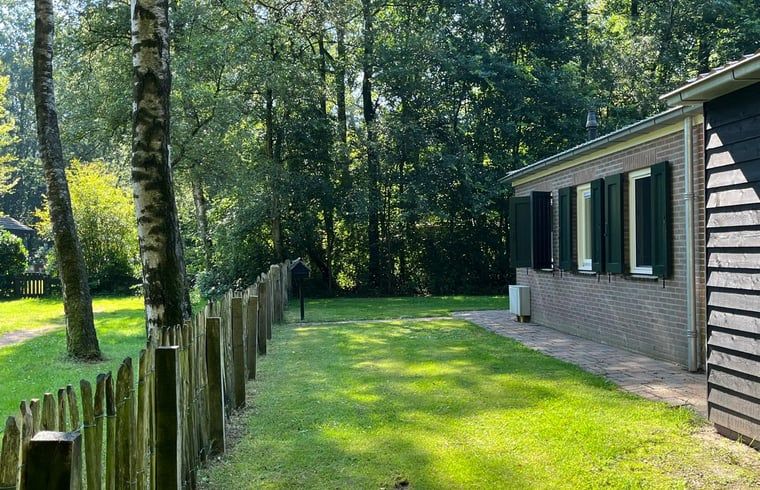 Schattiger Seitengarten von Huisje in Gees, Ferienhaus in Suedost-Drenthe, mit Holzzaun.