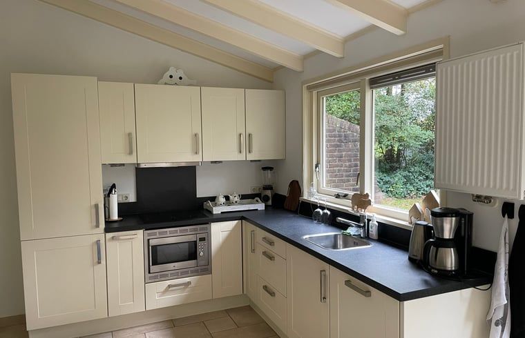 Moderne Kueche in Cottage in Gees, Ferienhaus im Suedosten von Drenthe, mit Blick auf den Garten.