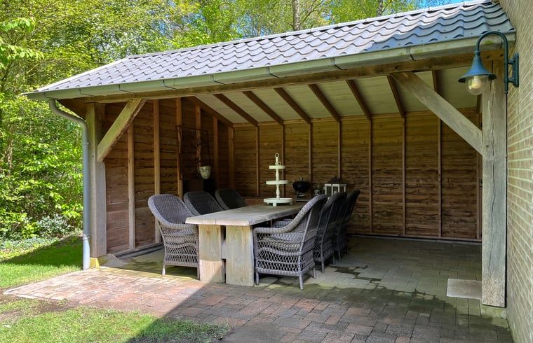 Ueberdachter Aussenbereich im Cottage in Gees, einem Ferienhaus im Suedosten von Drenthe, ideal fuer Mahlzeiten im Freien.