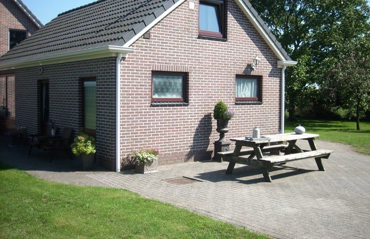 Geniessen Sie die Ruhe im Ferienhaus in Valthe, Suedost-Drenthe, mit einer einladenden Terrasse zum Entspannen in der Natur.