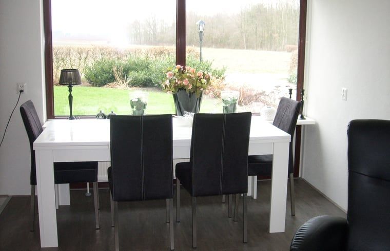 Gemuetlicher Essbereich im Ferienhaus in Valthe, Suedost-Drenthe, mit Blick auf die ruhige Natur durch grosse Fenster.