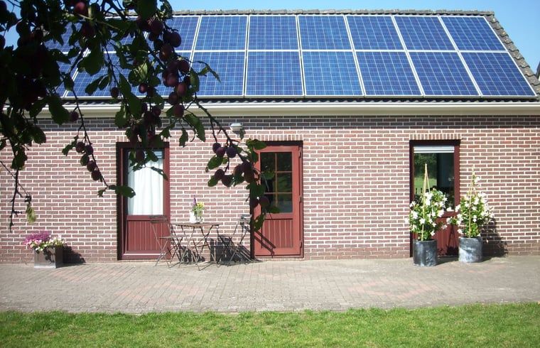 Ferienhaus in Valthe, Suedost-Drenthe: Geniessen Sie die Ruhe auf der Terrasse dieses nachhaltigen Ferienhauses mit Sonnenkollektoren.