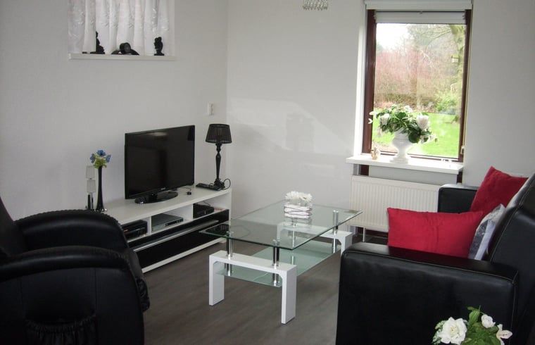 Gemuetliches Wohnzimmer des Ferienhauses in Valthe, Drenthe, mit Gartenblick und moderner Einrichtung, ideal fuer einen entspannten Aufenthalt.