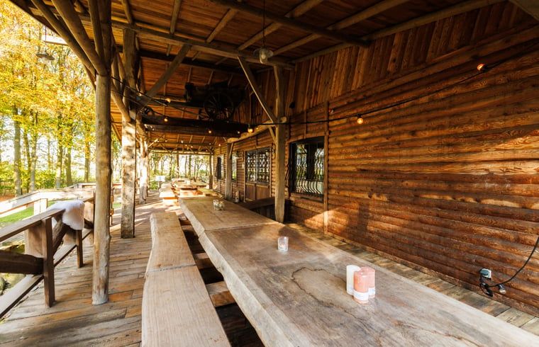Cozy porch of Huisje in Erm, a vacation home in Southeast Drenthe, with wooden tables and views of the surrounding nature.