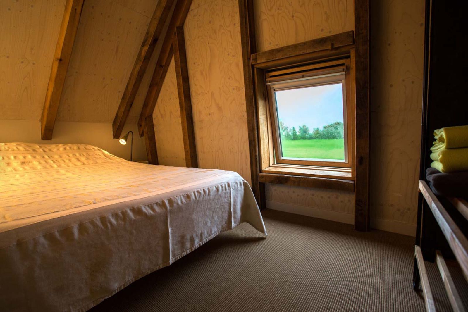 Historisch glas-in-loodraam in vakantiehuis DG2049 in Nieuw-Schoonebeek, Drenthe, met uitzicht op de serene omgeving van Zuidoost Drenthe.