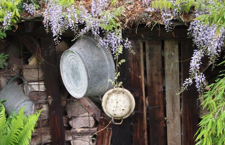 Decoratieve details in de tuin van Vakantiehuis in Odoornerveen, Zuidoost Drenthe, Drenthe.