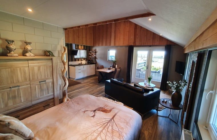 Gezellige binnenruimte van Vakantiehuisje in Fluitenberg met moderne keuken en comfortabele zithoek.