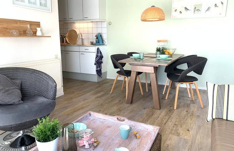 Gemuetliches Wohnzimmer und Kueche des Ferienhauses in Havelte, Ferienhaus im Suedwesten von Drenthe, mit moderner Einrichtung und gemuetlichem Essbereich.