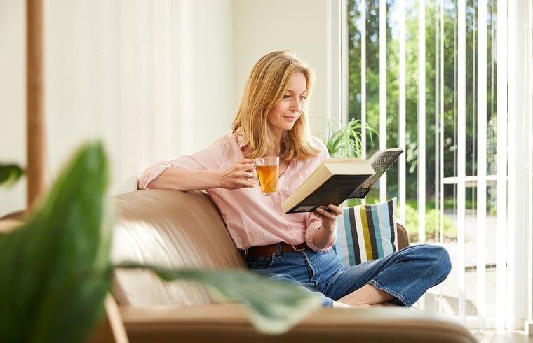 Entspanntes Lesen im Ferienhaus "Huisje" in Havelte, Suedwest-Drenthe. Geniessen Sie den ruhigen Innenraum und das natuerliche Licht.