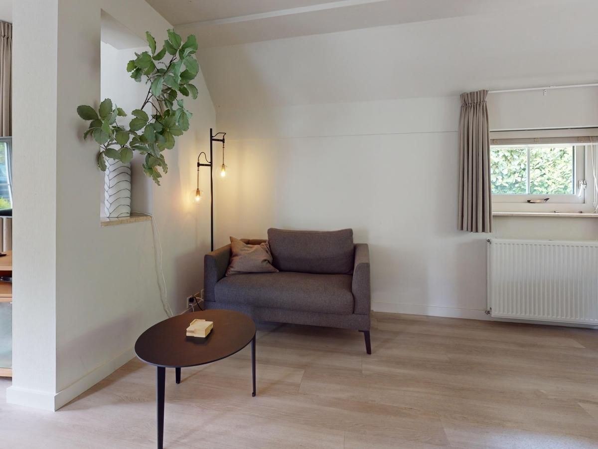 Gezellige woonkamer van vakantiehuis Borre Bos in Diever, Zuidwest Drenthe, met comfortabele bank en sfeervolle verlichting.