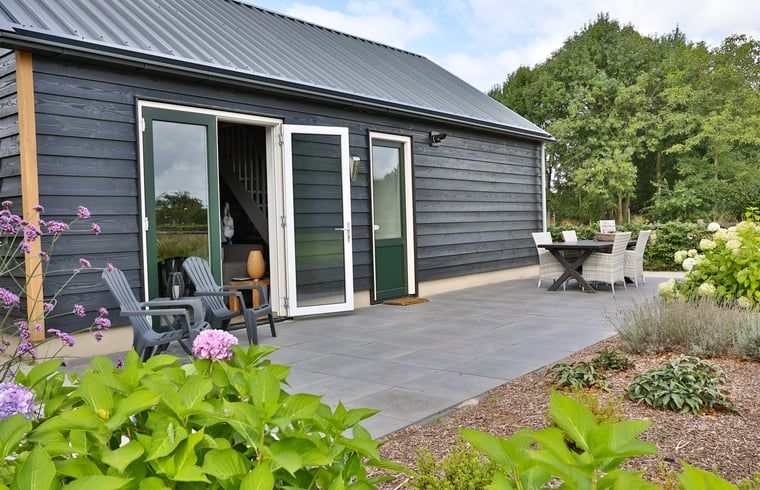 Ruim terras bij Vakantiehuis in Zuidwolde, Zuidwest Drenthe met uitzicht op groene omgeving.