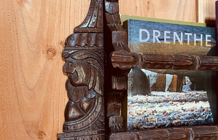 Houten boekenplank met lokale gidsen in Vakantiehuisje in Zuidwolde, Drenthe