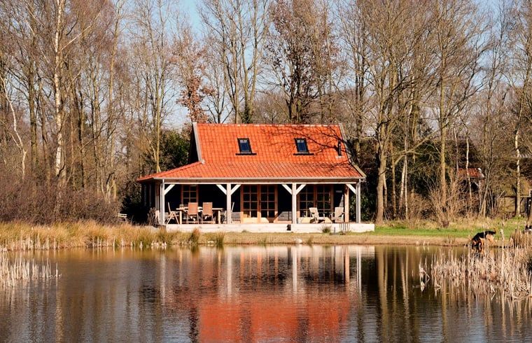 Vakantiehuisje in Zuidwolde weerspiegeld in de vijver, Zuidwest Drenthe