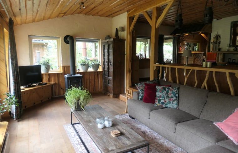 Gezellige woonkamer van Huisje in Zuidwolde, Drenthe, met rustieke inrichting en uitzicht op de groene omgeving.
