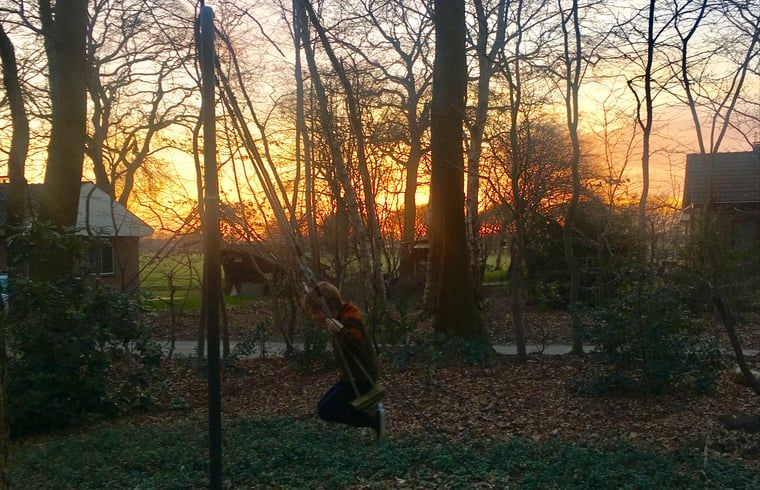 Schommel in de tuin van Vakantiehuisje in Ruinen, Zuidwest Drenthe, tegen een prachtige zonsondergang.