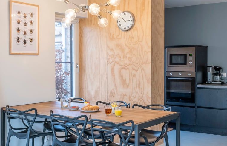 Zonnige zithoek in Vakantiehuisje in Dwingeloo, Drenthe, met comfortabele stoelen en uitzicht op de tuin.