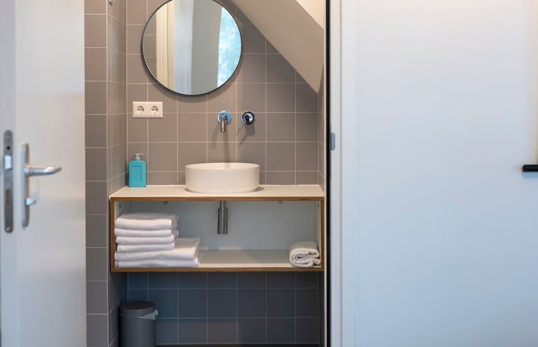 Stijlvolle badkamer in Vakantiehuisje in Dwingeloo, Zuidwest Drenthe, met moderne wastafel en spiegel.
