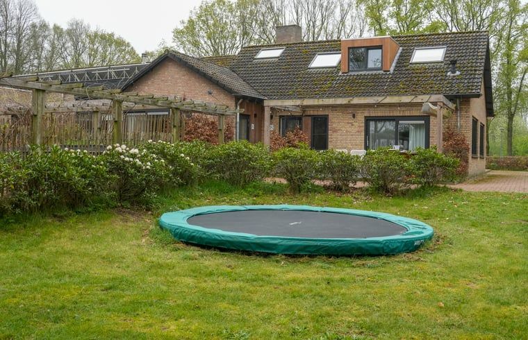 Tuin met trampoline bij Vakantiehuisje in Dwingeloo, Drenthe, ideaal voor kinderen om te spelen.