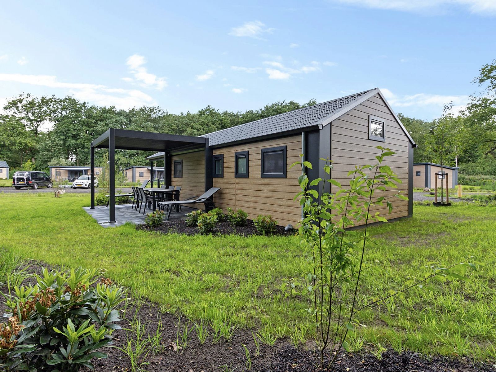 Chalet Sedna im Suedwesten von Drenthe, mit einer grossen Terrasse und einer schoenen natuerlichen Umgebung.