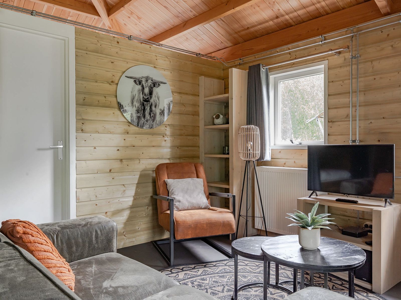 Cozy living room of Hooiberglodge vacation home in Dwingeloo, Drenthe, with wooden interior and comfortable seating area.