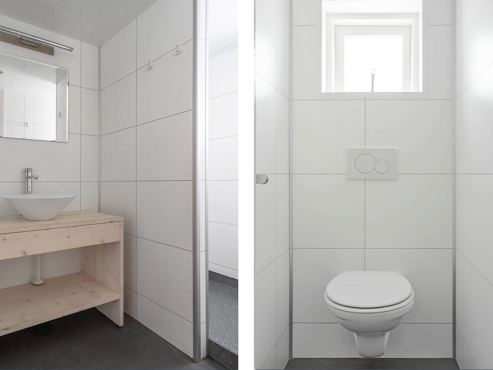 Modern bathroom in Hooiberglodge, vacation home in Dwingeloo, Southwest Drenthe, with sleek white tiles and wooden sink.