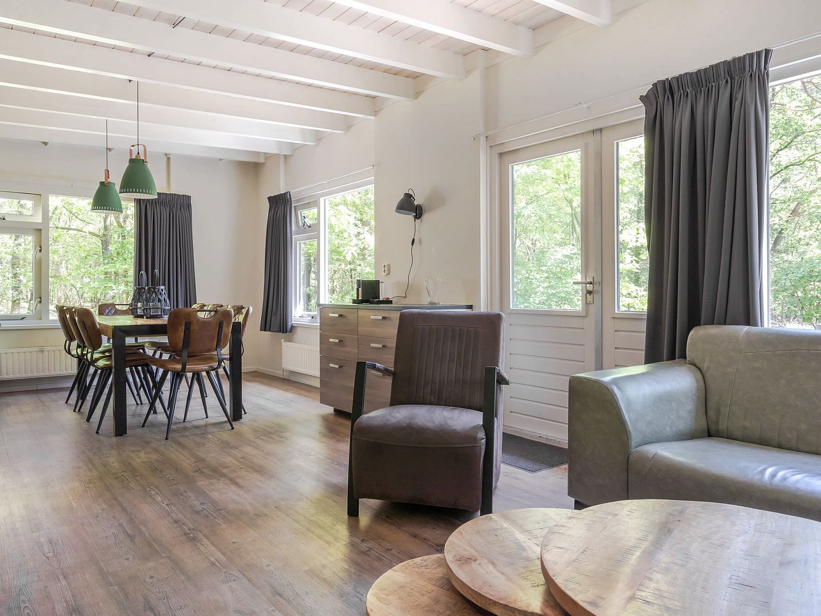 Ruime woonkamer van Bungalow Maan in Dwingeloo, Zuidwest Drenthe, met veel natuurlijk licht en uitzicht op de groene omgeving.