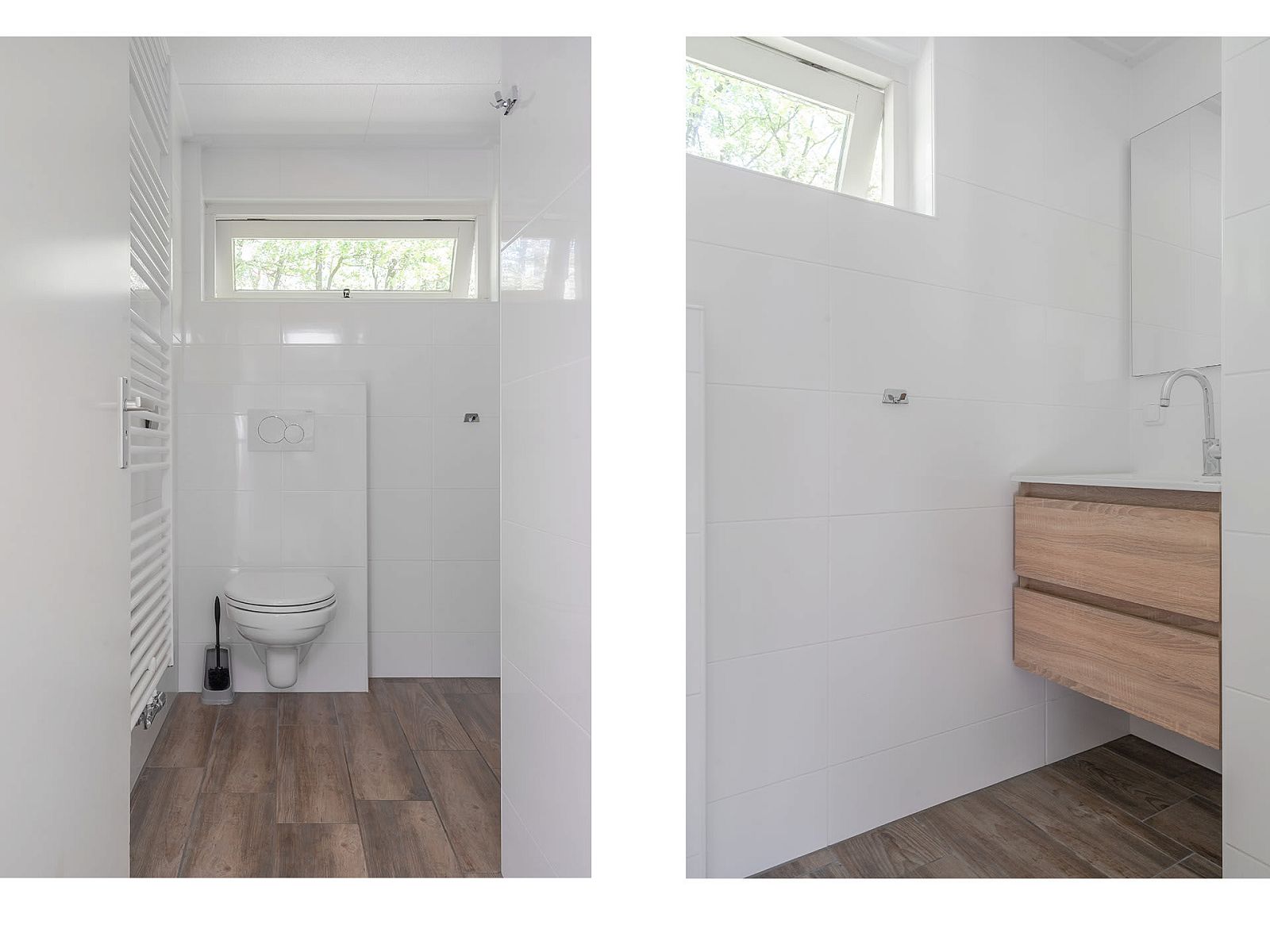 Moderne badkamer in Bungalow Maan, vakantiehuis in Dwingeloo, Zuidwest Drenthe, met stijlvolle houten vloer en natuurlijk licht.