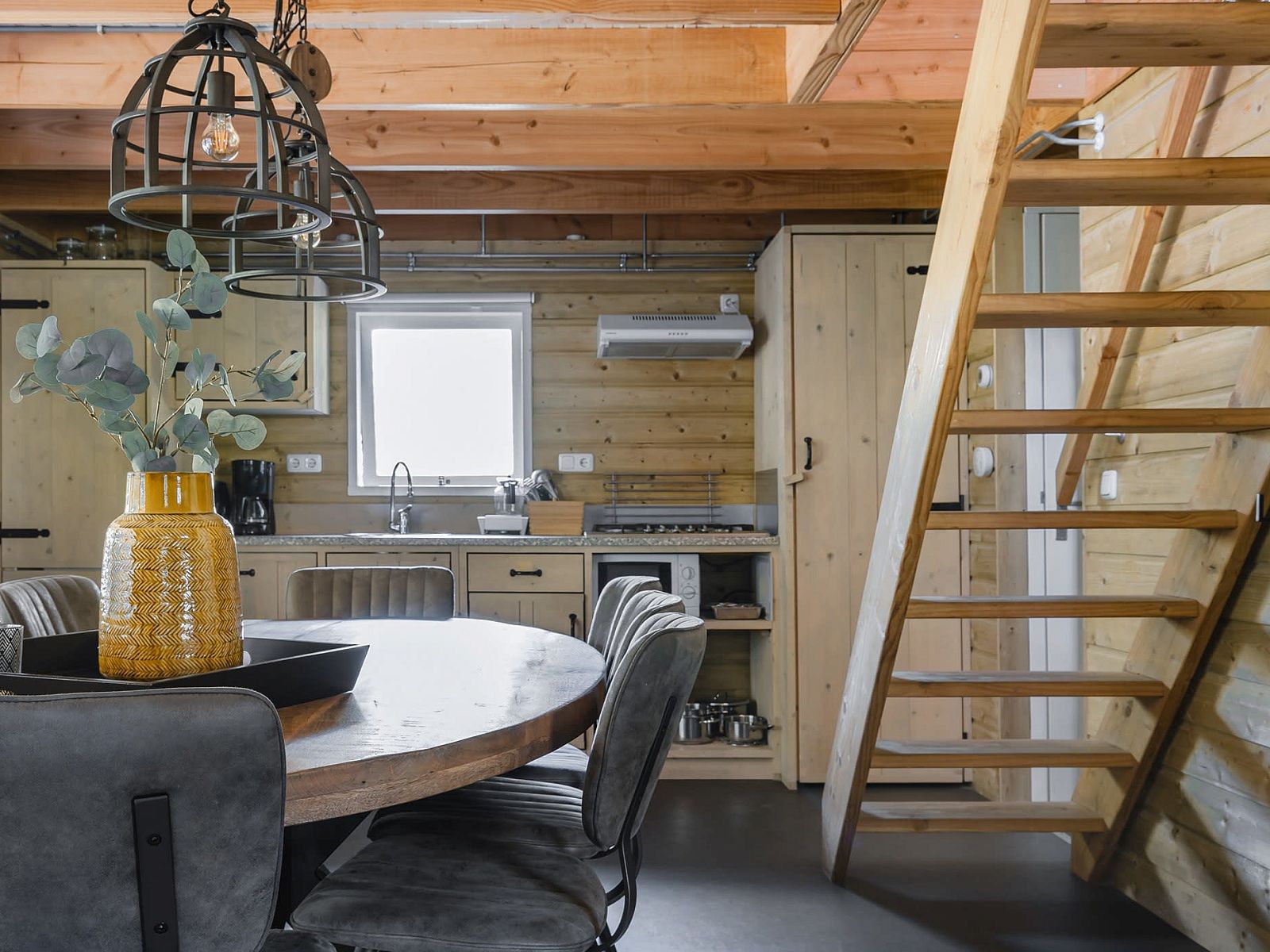 Cozy interior of Heidelodge vacation home in Dwingeloo, Southwest Drenthe, with wooden interior and modern kitchen.