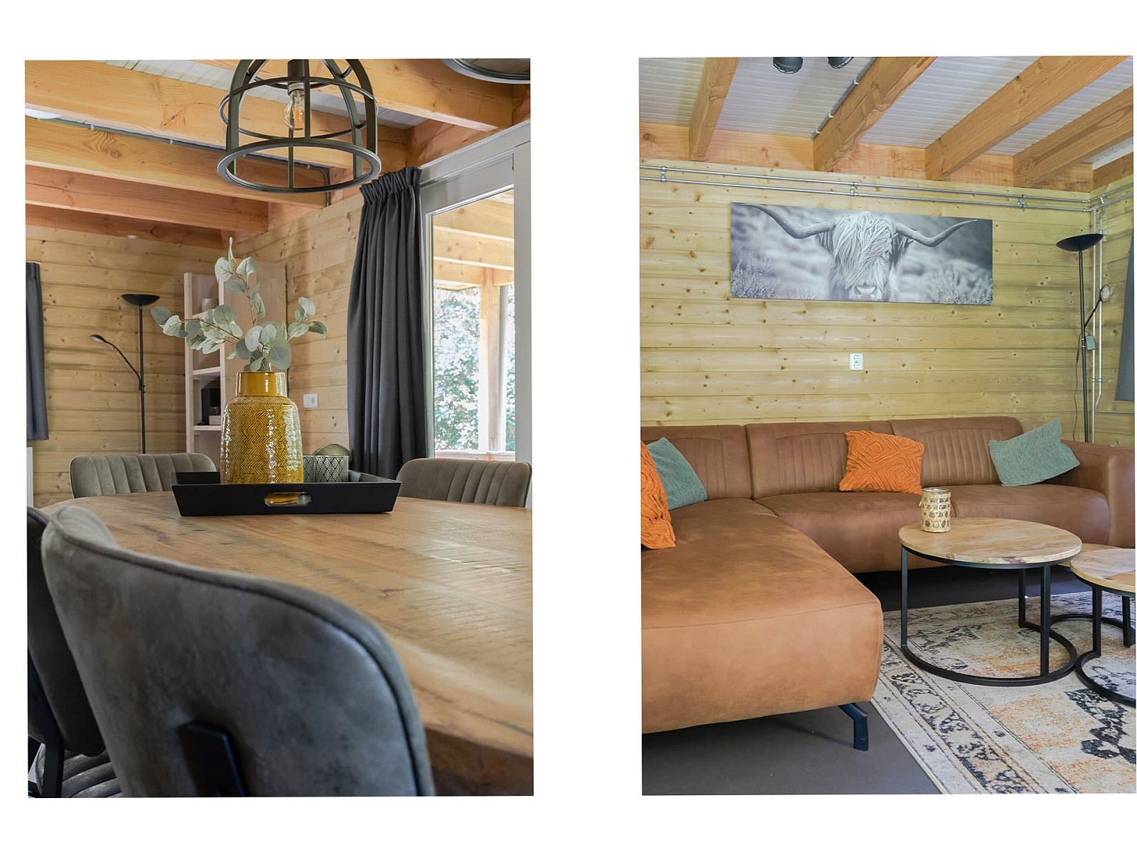 Cozy interior of Heidelodge in Dwingeloo, Drenthe. Vacation home with wooden interior and comfortable sitting area.