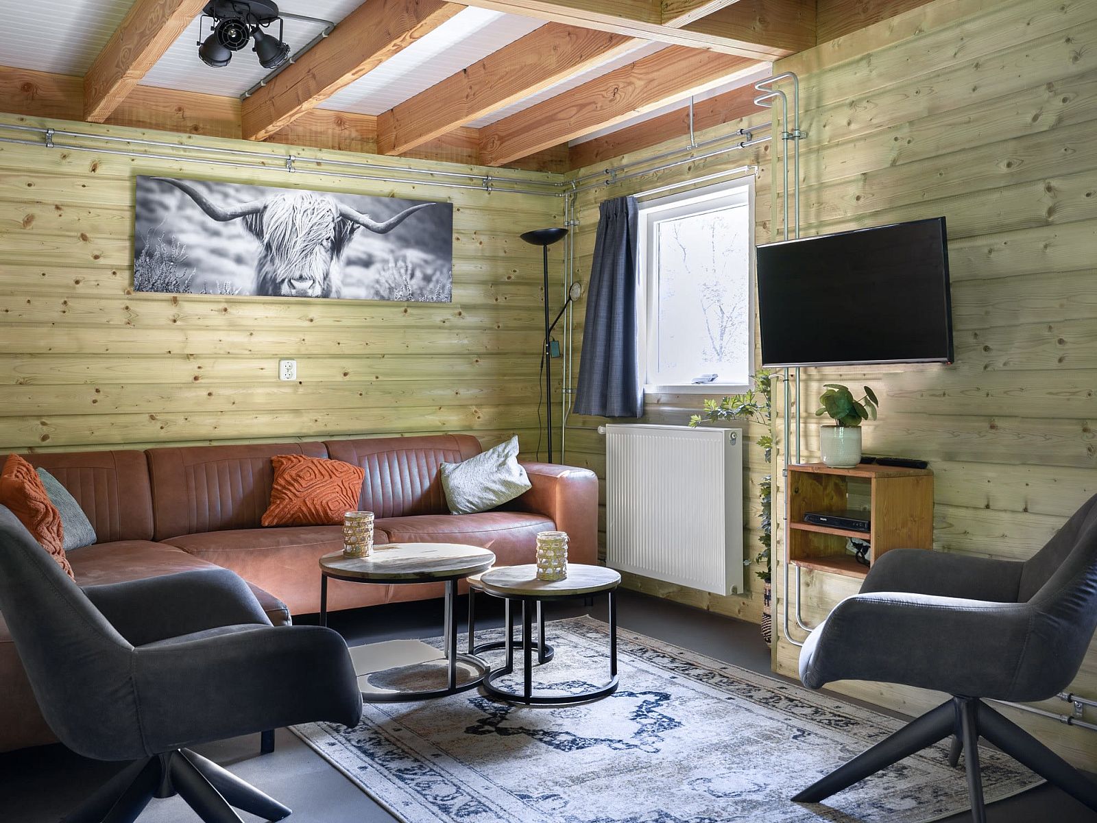 Cozy living room in Heidelodge, a vacation home in Dwingeloo, Drenthe, with wooden interior and comfortable seating area.