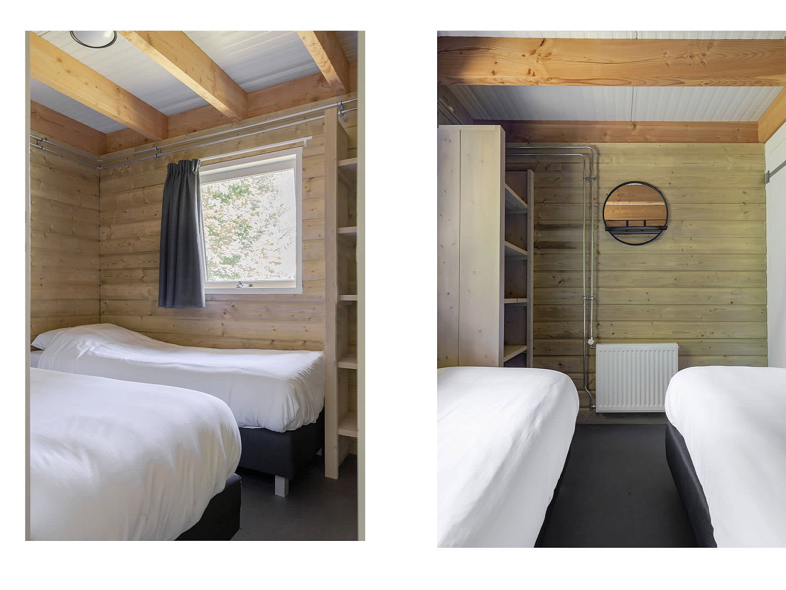 Cozy bedroom in Heidelodge vacation home, Dwingeloo, Southwest Drenthe with wooden interior and comfortable beds.