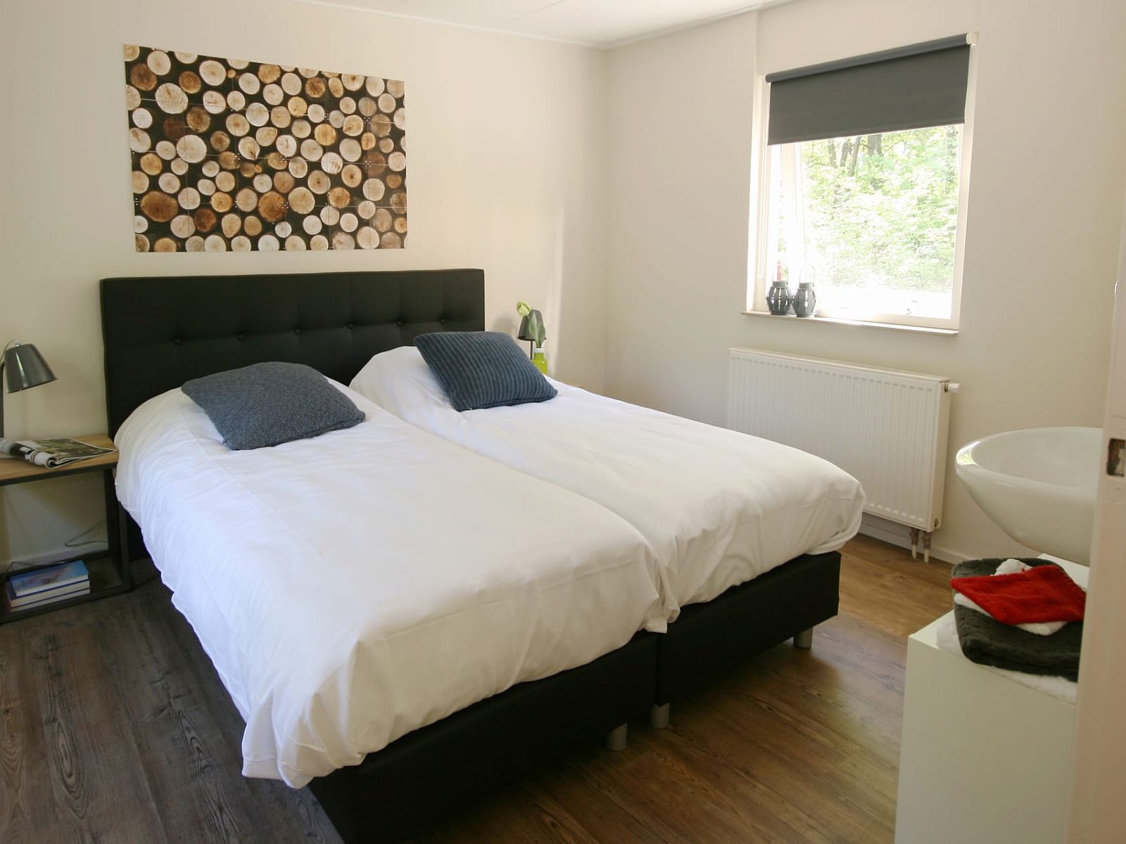 Sfeervolle slaapkamer in Bungalow Mars, vakantiehuis in Dwingeloo, Drenthe, met comfortabel tweepersoonsbed en natuurlijke lichtinval.