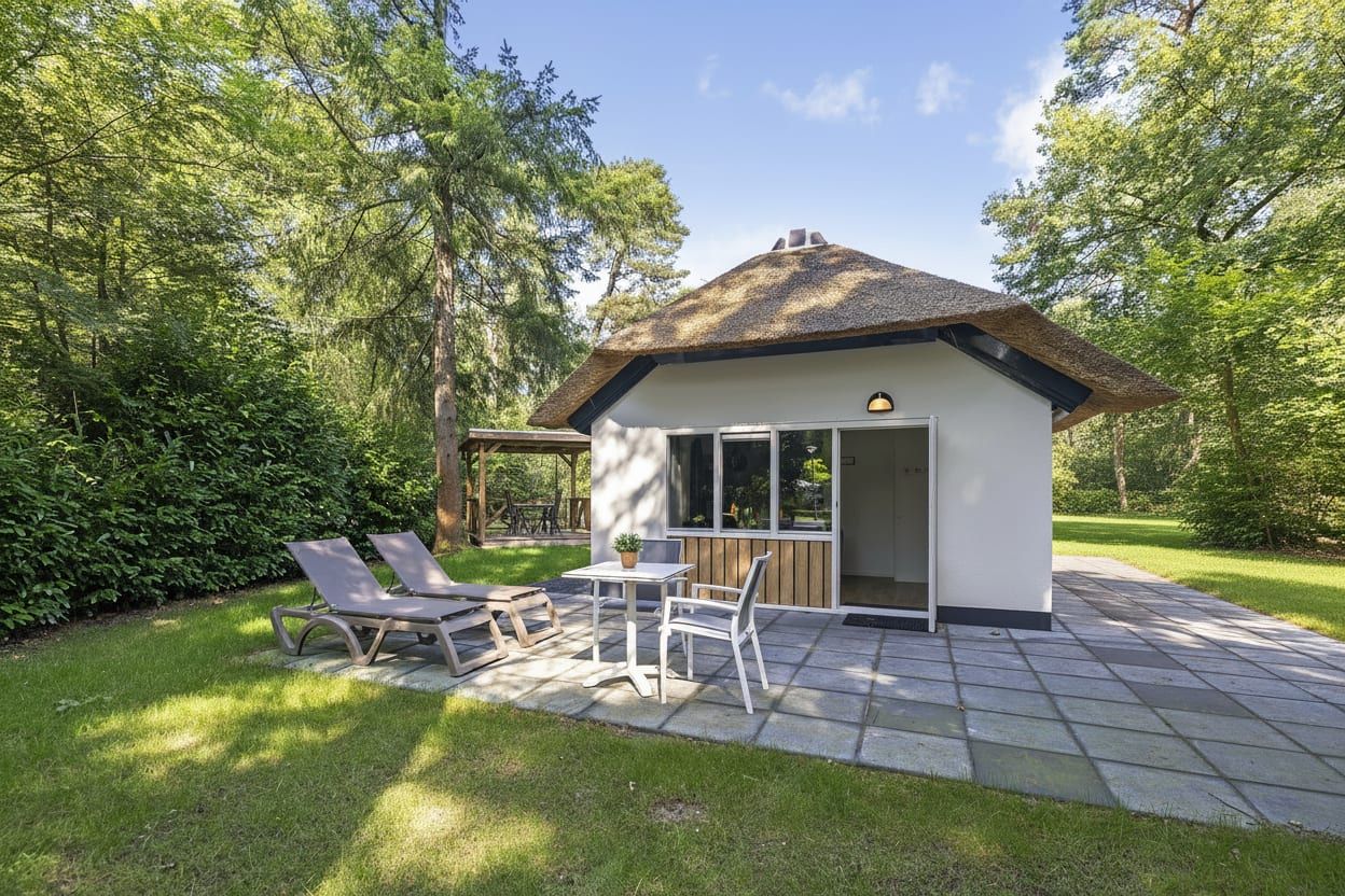 Bungalow Orion in Dwingeloo, Drenthe biedt een prachtige buitenruimte met terras en ligstoelen te midden van de natuur.