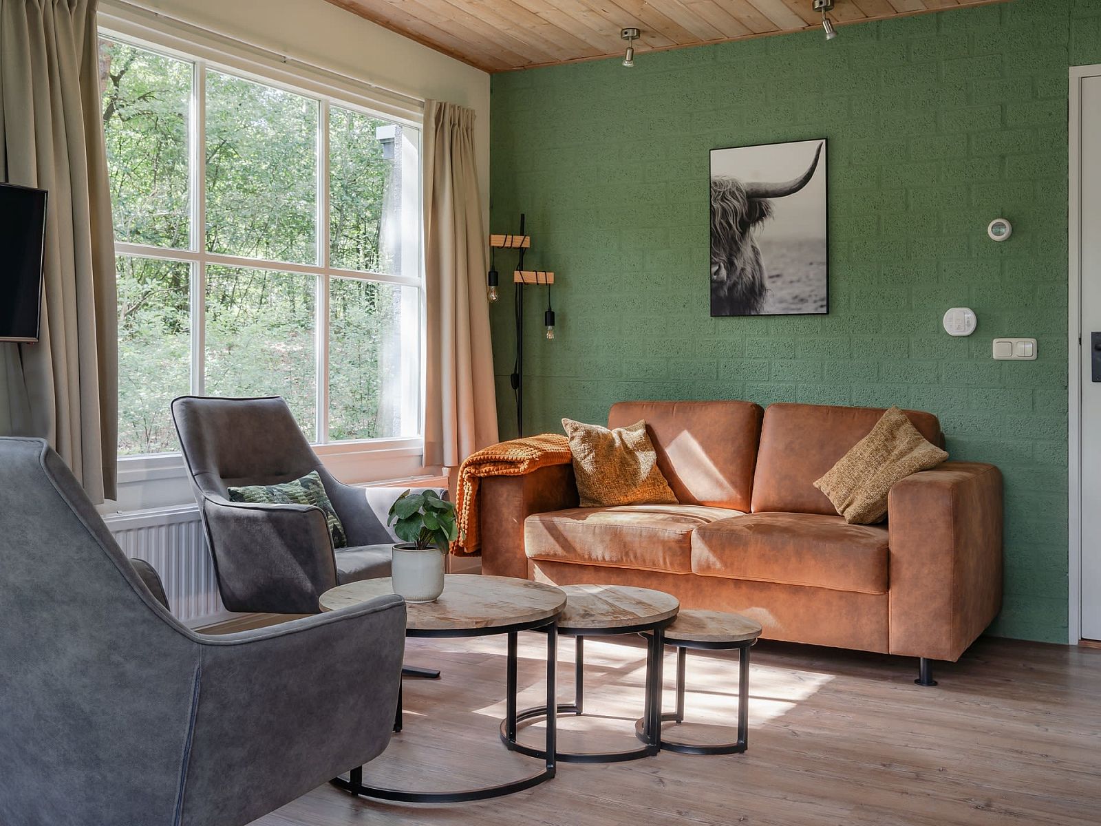 Gezellige woonkamer van Bungalow Saturnus in Dwingeloo, Zuidwest Drenthe, met comfortabel interieur en uitzicht op de groene omgeving.