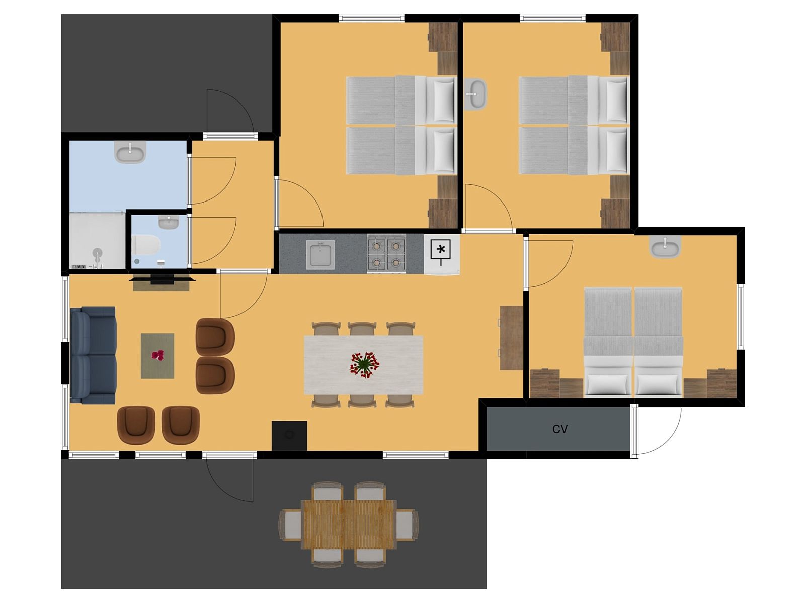 Plattegrond van Bungalow Mercurius in Dwingeloo, Zuidwest Drenthe. Gezellig vakantiehuis met ruime slaapkamers en moderne keuken.