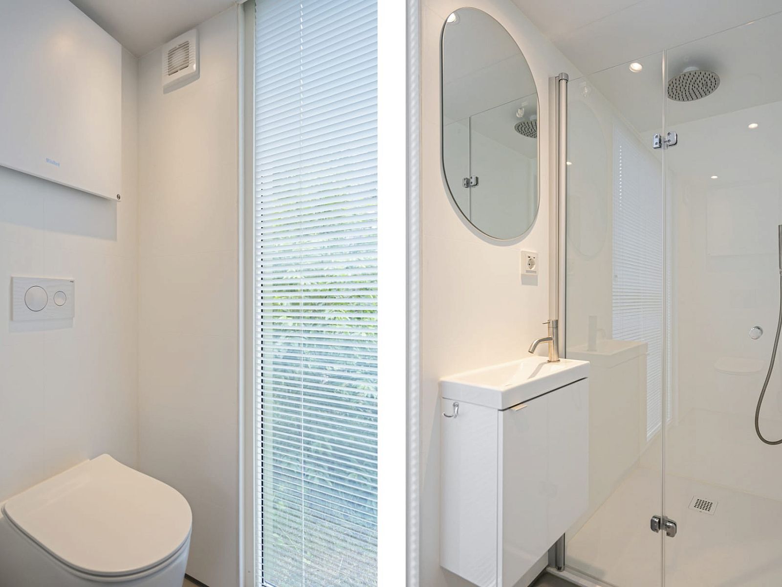 Der moderne Innenraum des Tiny House Eris mit Sauna in Dwingeloo, Drenthe, bietet durch grosse Fenster einen rustikalen Blick auf die Natur.