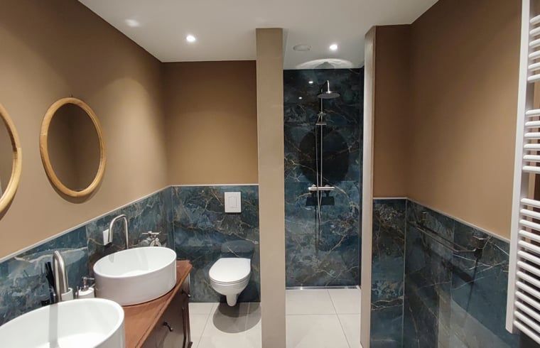 Stilvolles Badezimmer im Ferienhaus in Dwingeloo, Suedwest-Drenthe mit luxurioeser Dusche und Doppelwaschbecken.