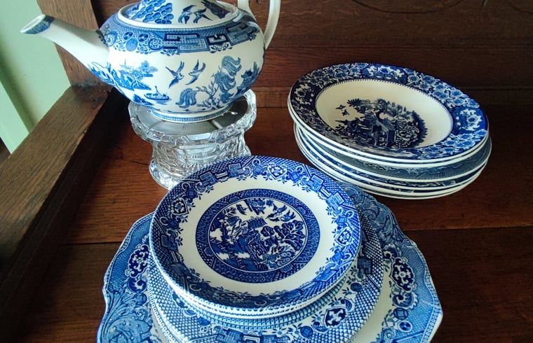 Elegantes Geschirr im Ferienhaus in Dwingeloo, Suedwest-Drenthe, mit blau-weissem Muster fuer einen klassischen Look.