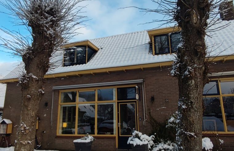 Aussenbereich des Ferienhauses in Dwingeloo, Suedwest-Drenthe, mit grossen Fenstern und einem gemuetlichen Aussenbereich.