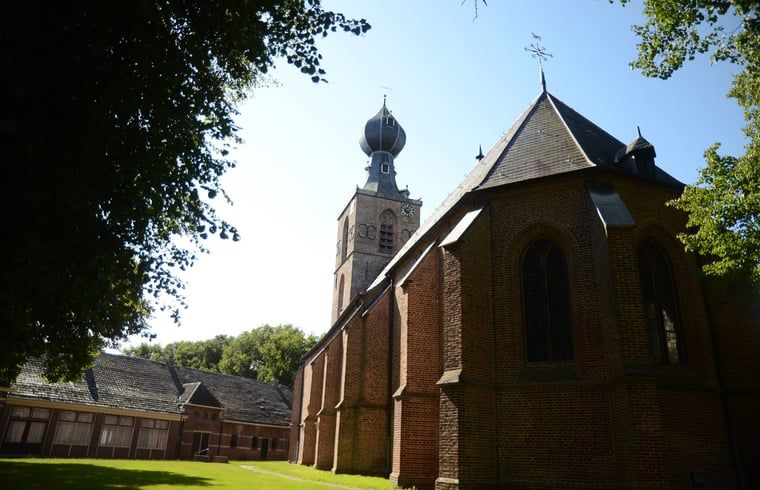 Stimmungsvolle Winterlandschaft in der Naehe eines Ferienhauses in Dwingeloo, Suedwest-Drenthe, mit schneebedeckten Baeumen und Feldern.
