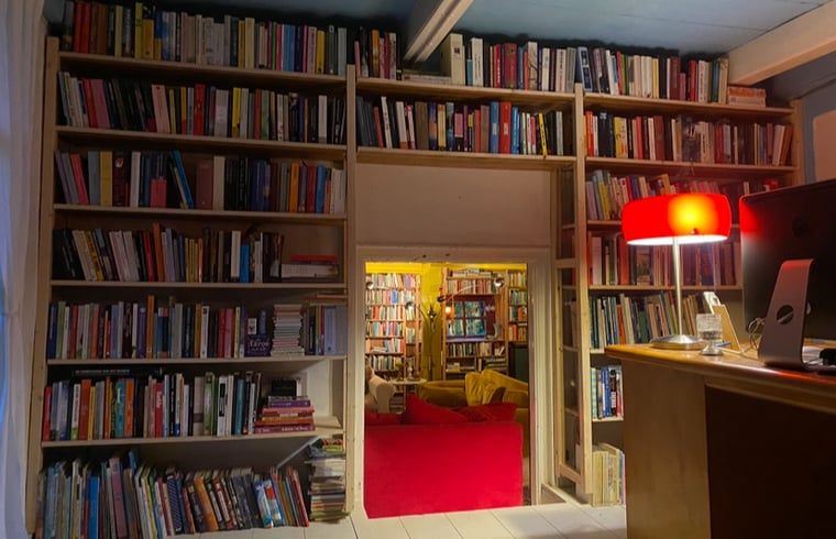 Gemuetliche Leseecke im Ferienhaus in Ruinerwold, Suedwest-Drenthe, mit Buecherwand.