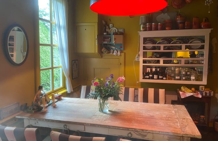 Gemuetliches Esszimmer im Ferienhaus in Ruinerwold, Suedwest-Drenthe, mit Blumen.