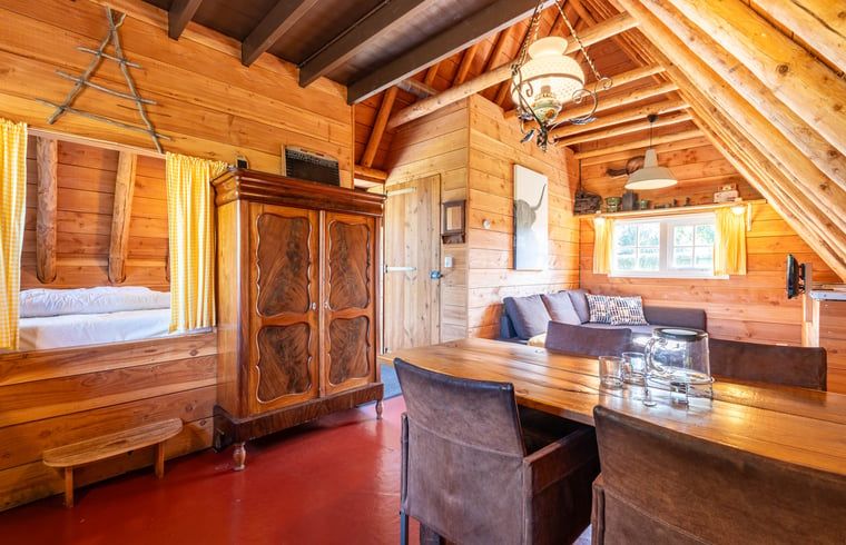 Gemuetliches Wohnzimmer im Ferienhaus in Ruinerwold, Drenthe mit Holzinterieur und bequemer Sitzecke.