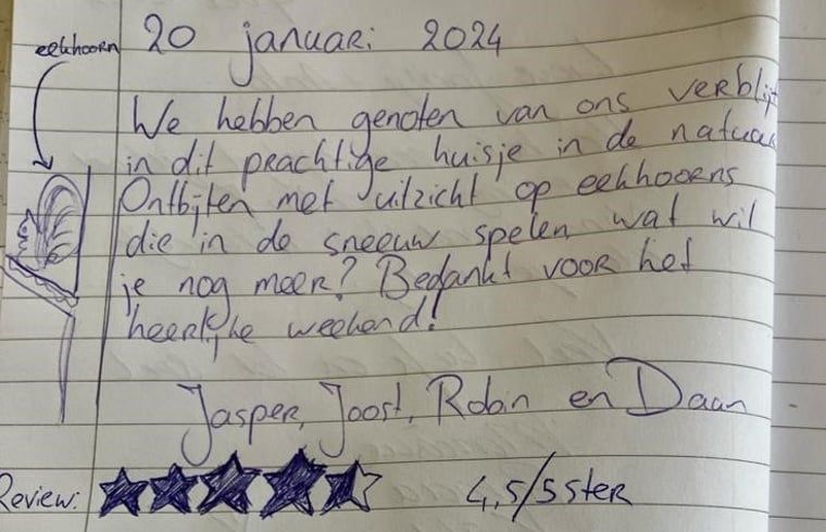 Gastenboek van Vakantiehuis in Zorgvlied, Zuidwest Drenthe, met positieve recensie en tekening.
